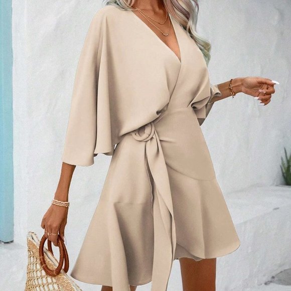 Batwing Sleeve Ruffle Hem Wrap Knot Side Dress - Picture 2 of 5